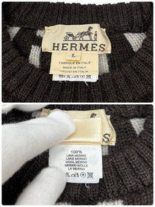 HERMES Vintage H Monogram Logo Sweater Top #L Pullover Brown Cream Wool