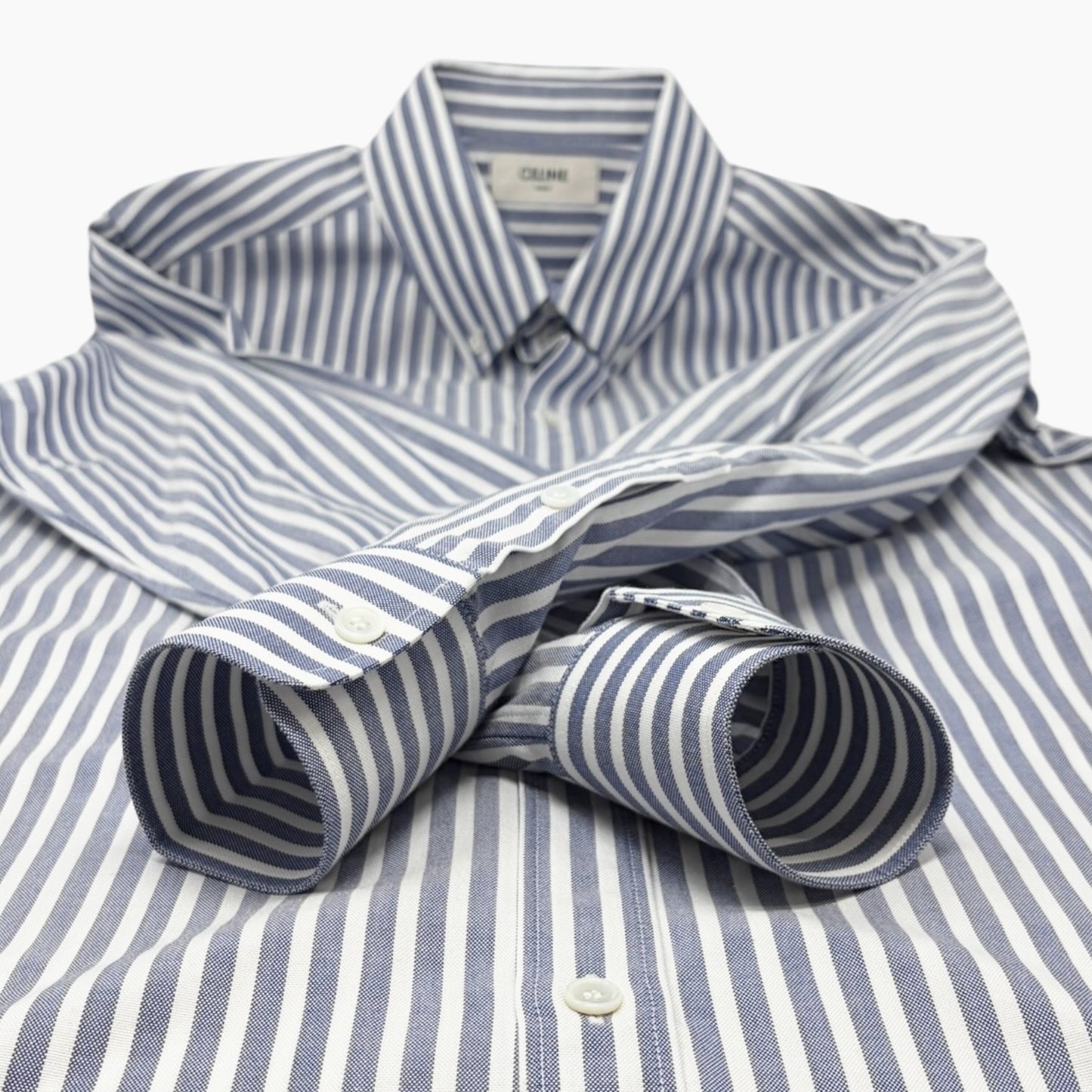 CELINE Triomphe Logo Stripe Button Up Shirt Long Sleeve #36 Blue White Cotton