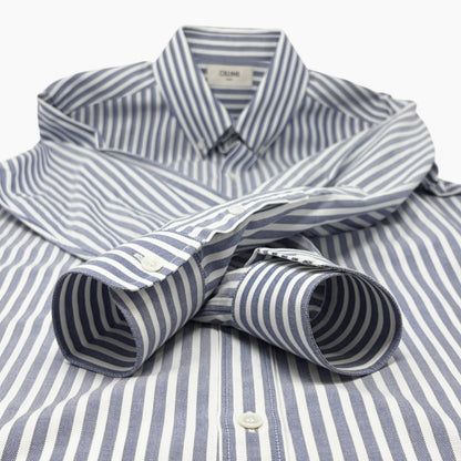 CELINE Triomphe Logo Stripe Button Up Shirt Long Sleeve #36 Blue White Cotton