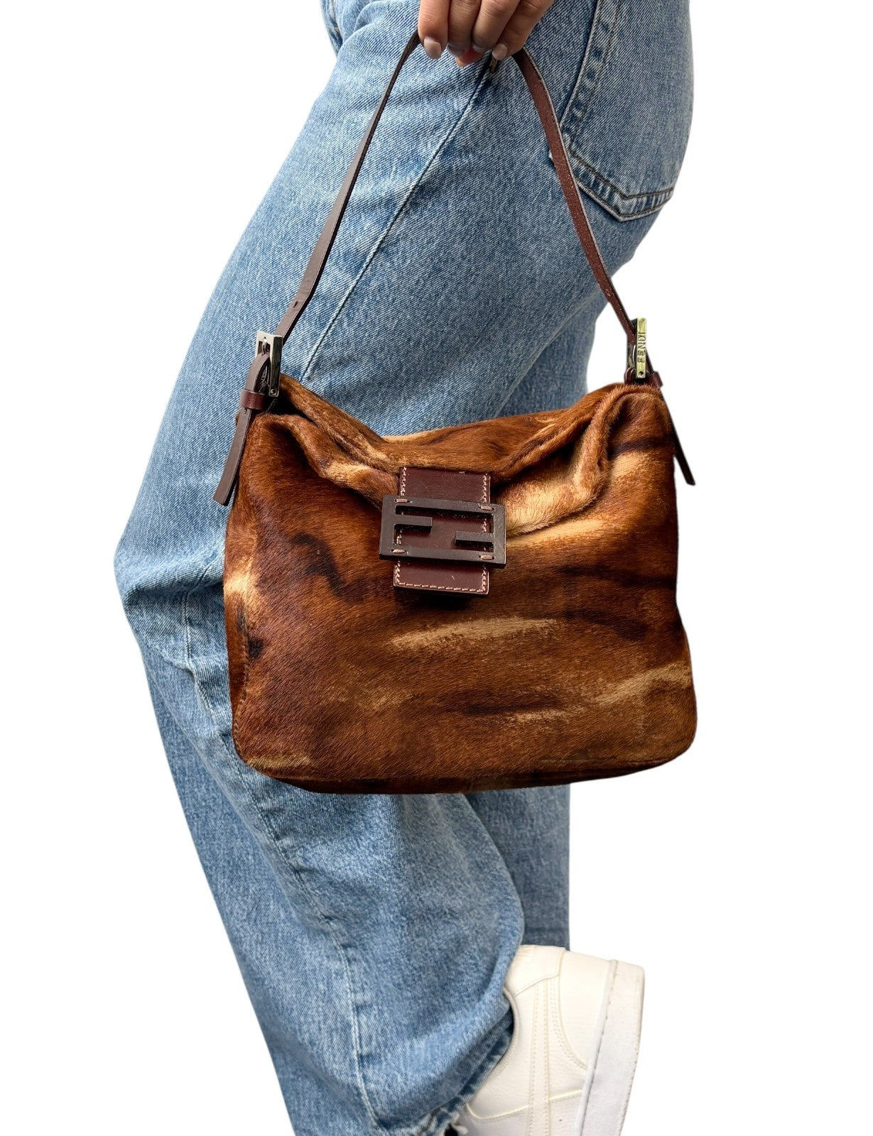 FENDI Vintage FF Logo Mamma Baguette Pony Calf Hair Shoulder Bag Brown Beige