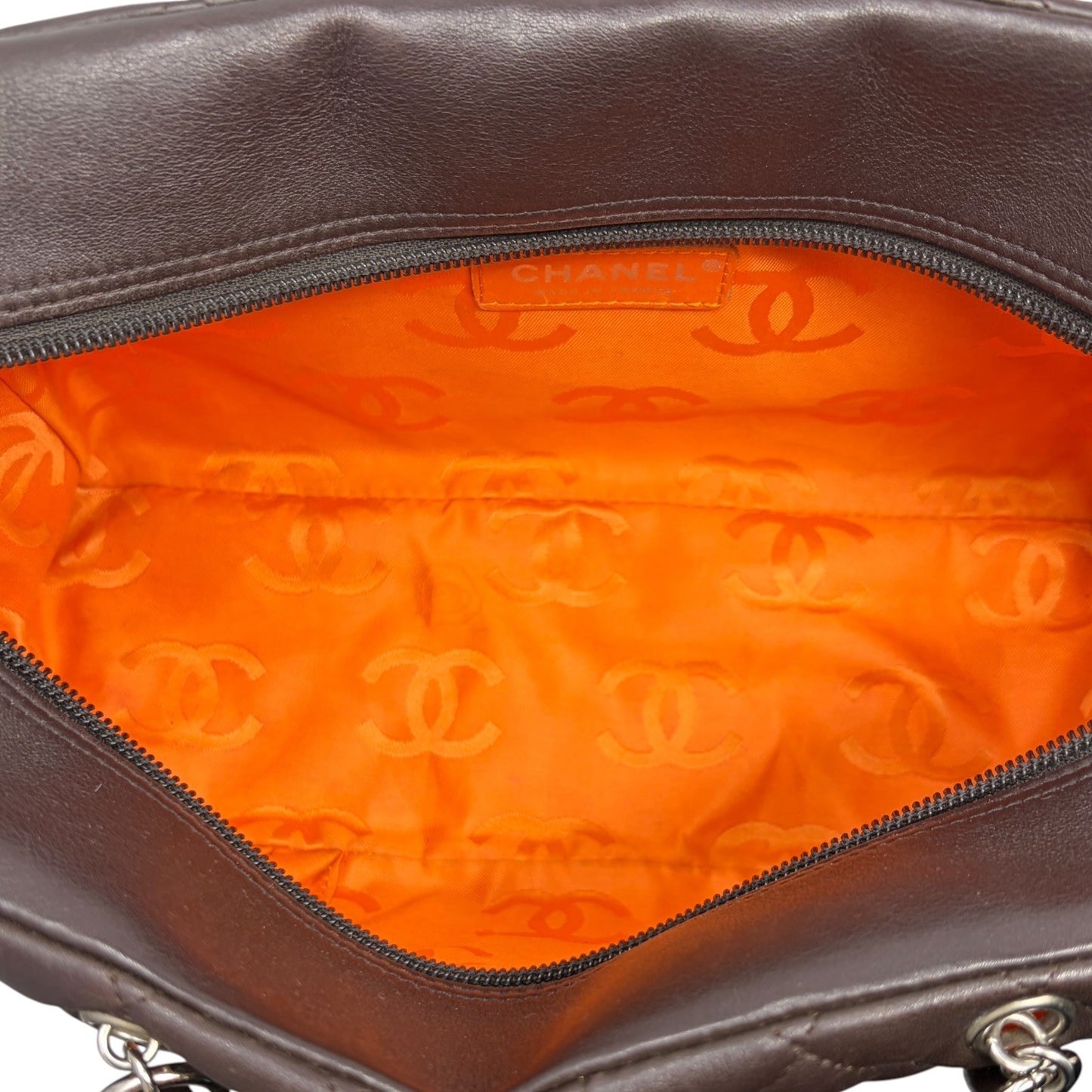 CHANEL Vintage Cambon Line CC Logo Quilted Shoulder Bag Brown Silver Leather