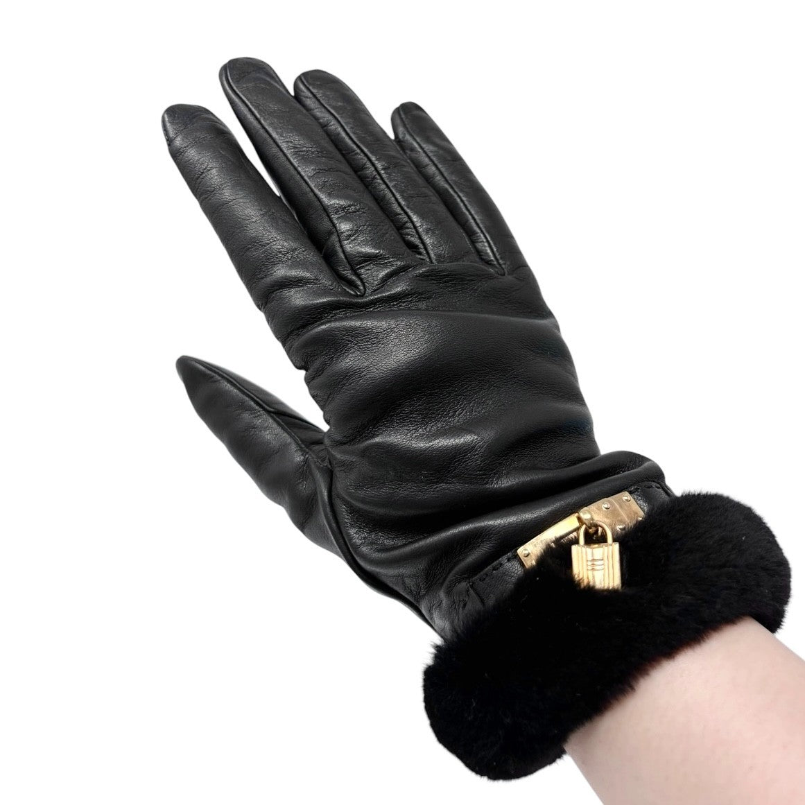 HERMES Vintage Kelly Padlock Cadena Fur Trim Leather Gloves #7.5 Black 902001