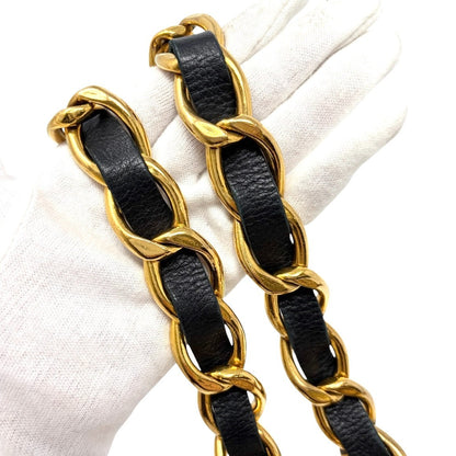 CHANEL Vintage CC Mark Logo Chain Belt Accessory Gold Black Leather Metal 902003