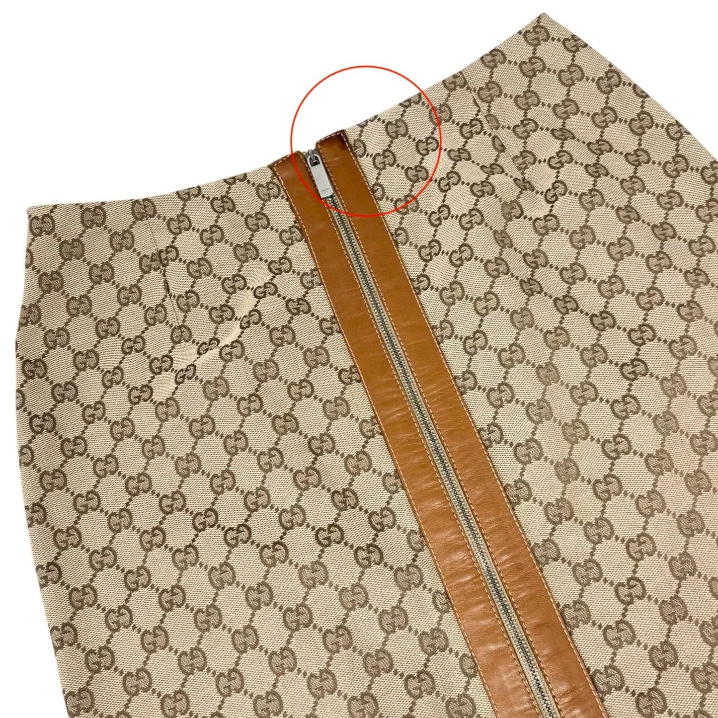GUCCI Vintage GG Monogram Zip Knee Length Skirt #38 Beige Canvas Leather 902232
