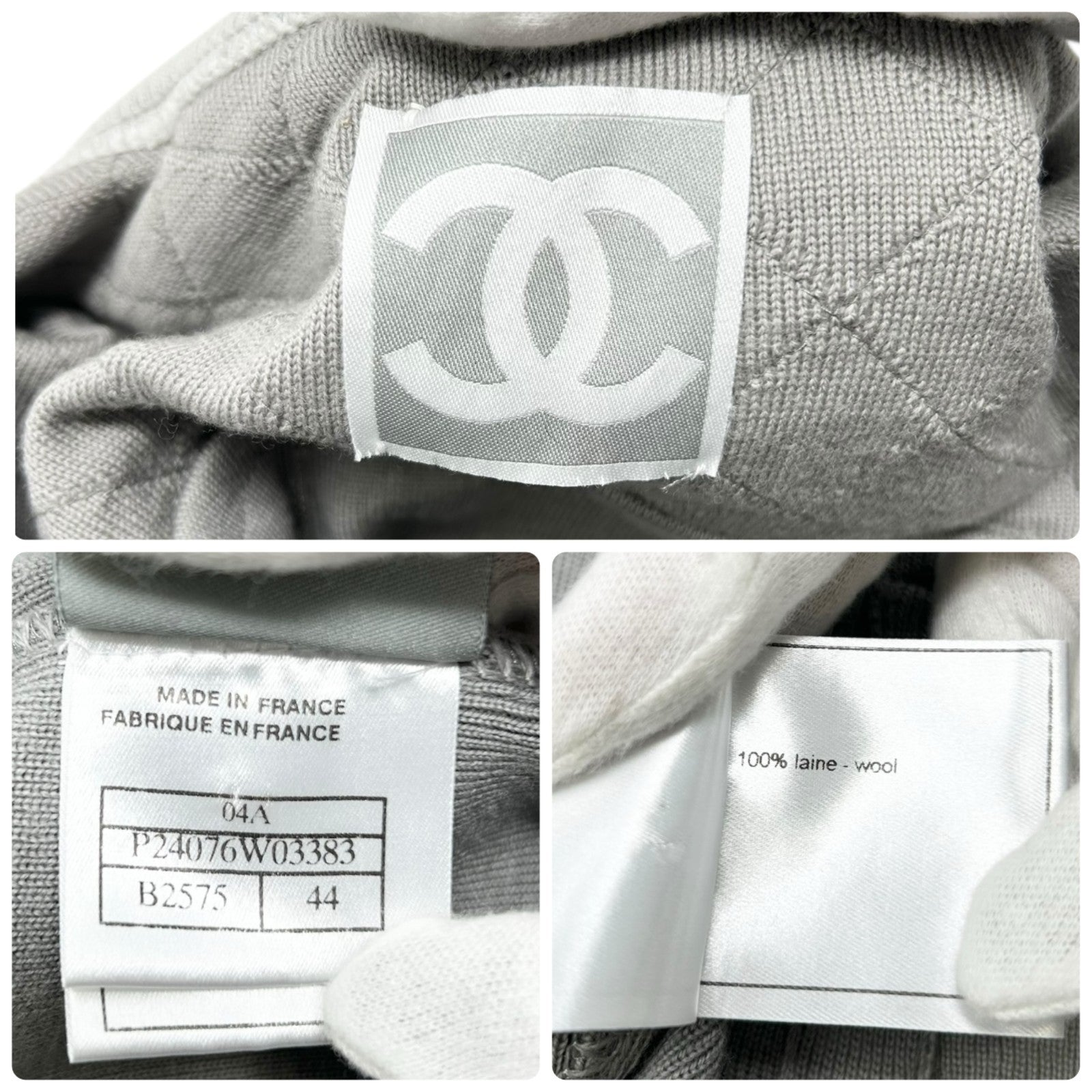 CHANEL Sport Vintage 04P CC Logo Zipped Quilted Jacket Top #44 Gray Silver Wool
