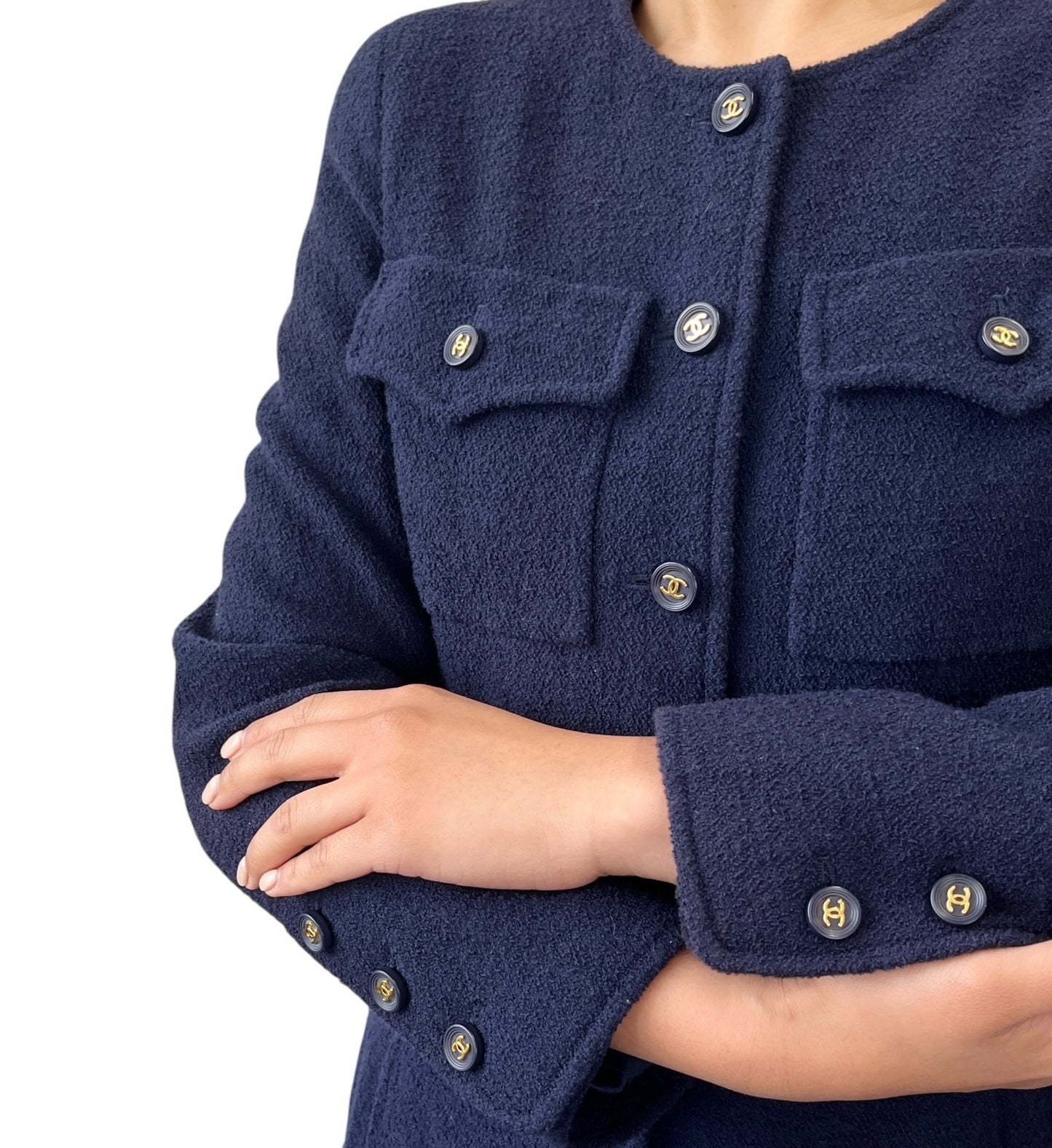 CHANEL Vintage 95A CC Logo Gold Button Collarless Jacket #36 Dark Blue Wool