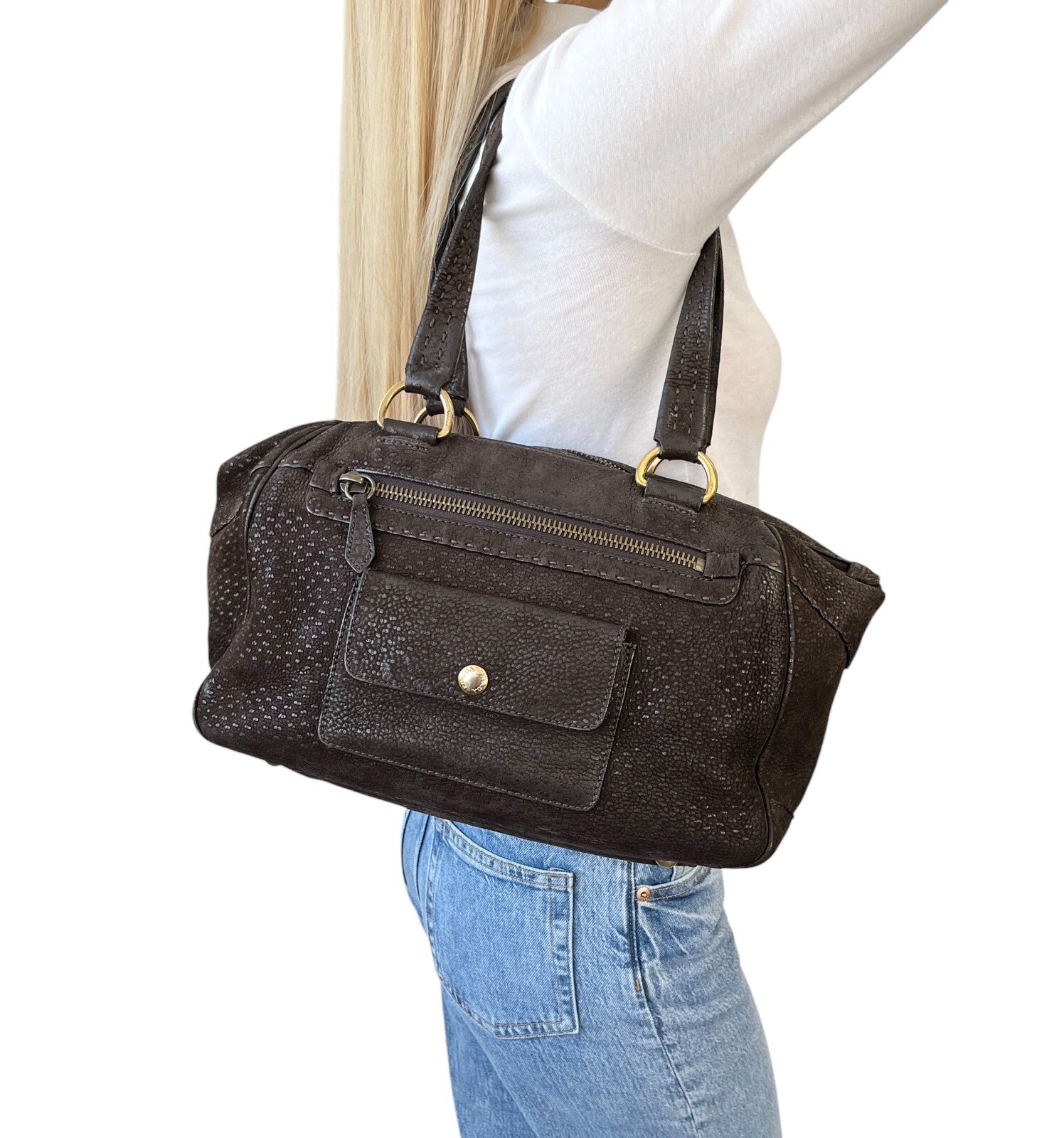 PRADA Vintage Logo Shoulder Bag Tote Bag Stitch Pocket Brown Gold Leather