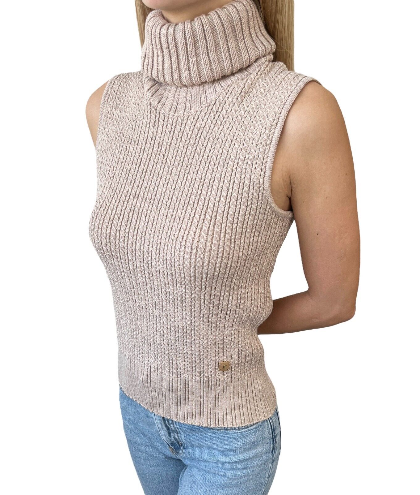 CHANEL Vintage 01A CC Logo Turtleneck Knit Top #42 Pink Beige Wool Sleeveless