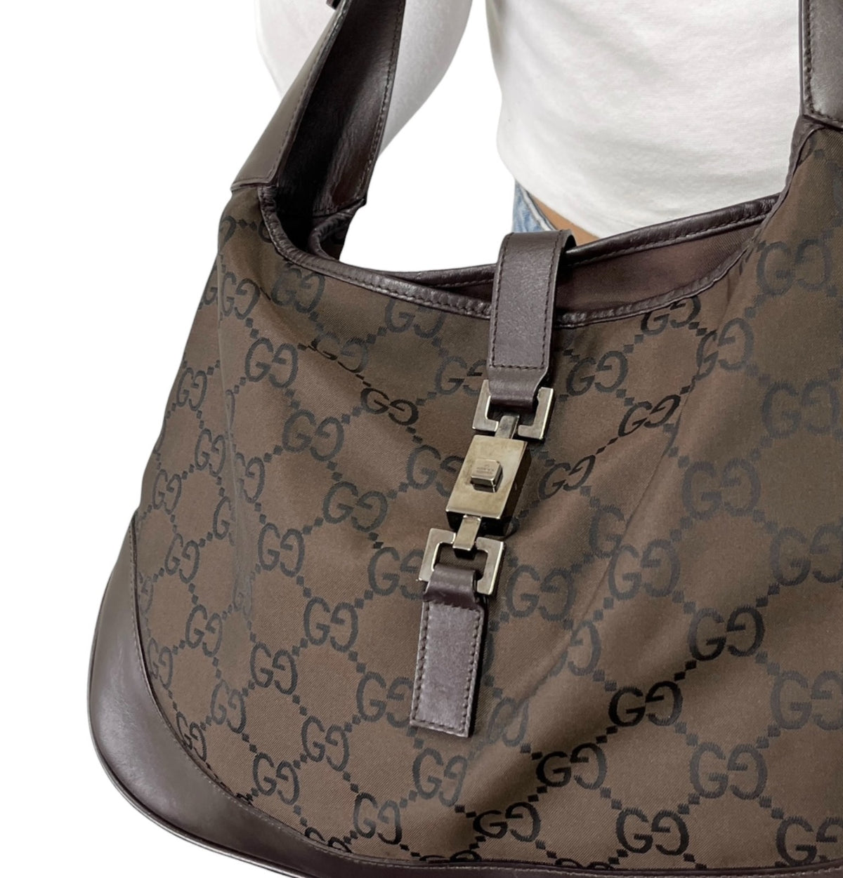 GUCCI Vintage Logo Jackie Shoulder Bag Dark Brown Silver Canvas Leather 902341