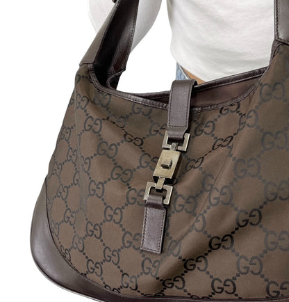 GUCCI Vintage Logo Jackie Shoulder Bag Dark Brown Silver Canvas Leather 902341