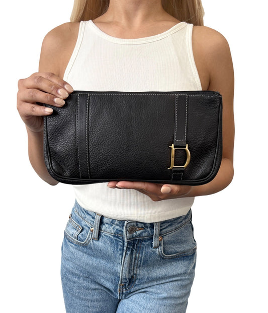 Christian Dior Vintage 2001 CD Logo Leather Bag Pochette Pouch Clutch Black