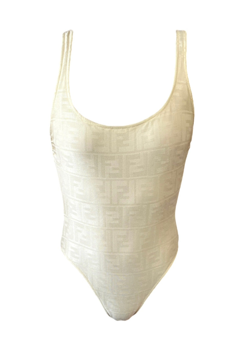 FENDI Vintage Zucca Monogram Swimwear Swimsuits #40 Ivory Nylon Rank AB+