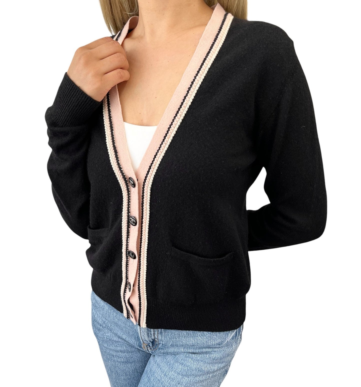 CHANEL Vintage 03A CC Logo Cashmere Knit Cardigan Sweater Black 106917