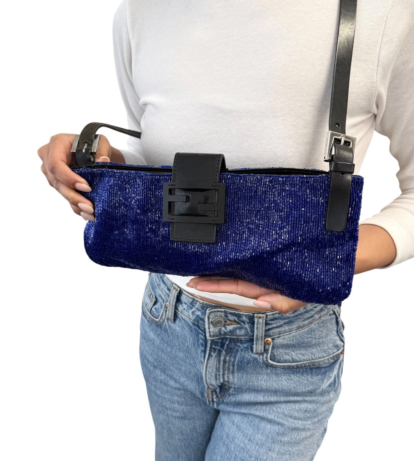 FENDI Vintage FF Logo Beads Mamma Baguette Crossbody Shoulder Bag Blue Black