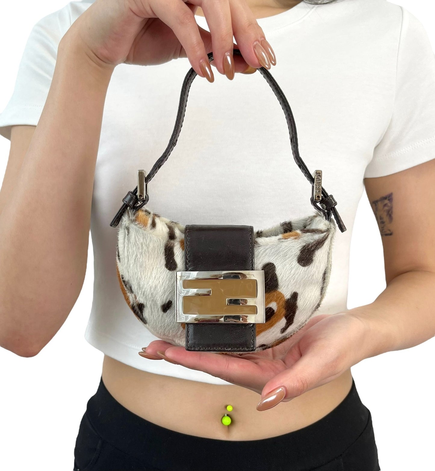 FENDI Vintage Logo Leopard Pony Calf Hair Micro Croissant Handbag Bag White