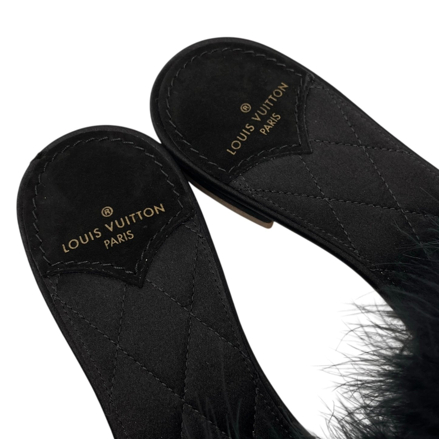 LOUIS VUITTON LV Bijou Logo Fur Flat Sandals #36 Rhinestone Black Gold Satin