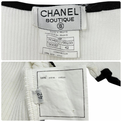 CHANEL Vintage 95P CC Logo Button Knit Cropped Ribbed T-shirt #42 White Cotton