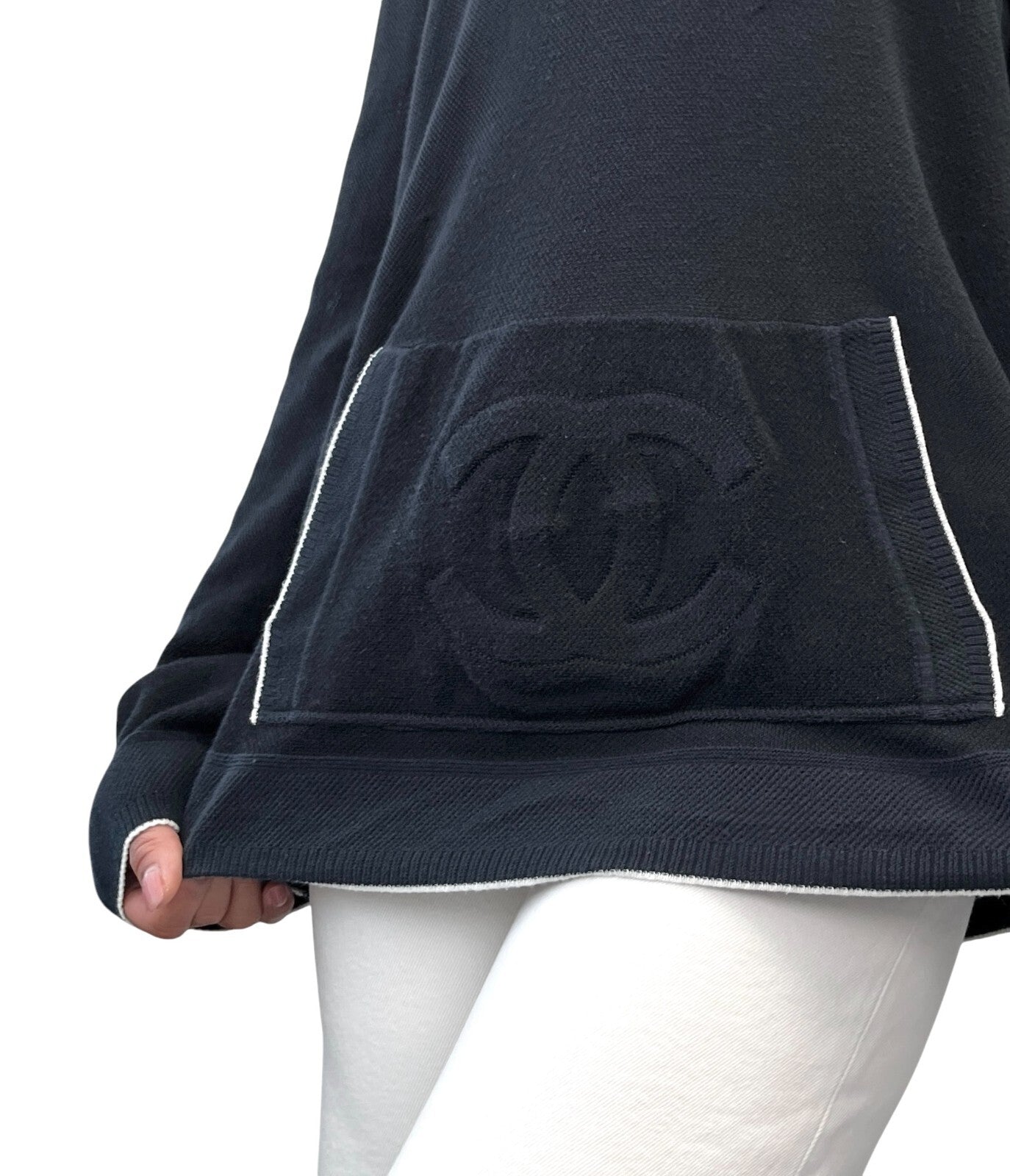 CHANEL Sport Vintage 09P CC Logo Knit Top #42 Hoodie Dark Blue Silver Rayon