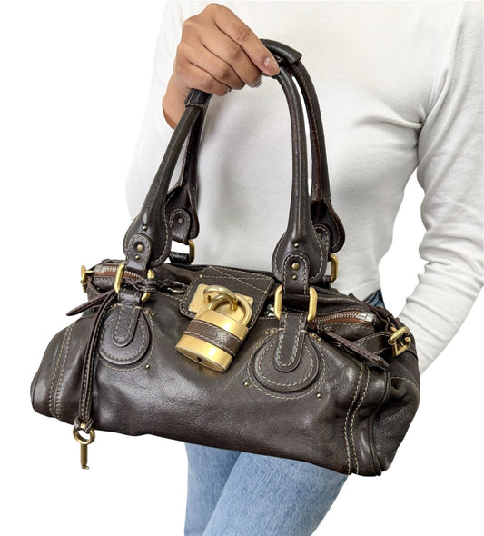 Chloe Vintage Paddington Padlock Key Boston Bag Leather Brown Gold 902822