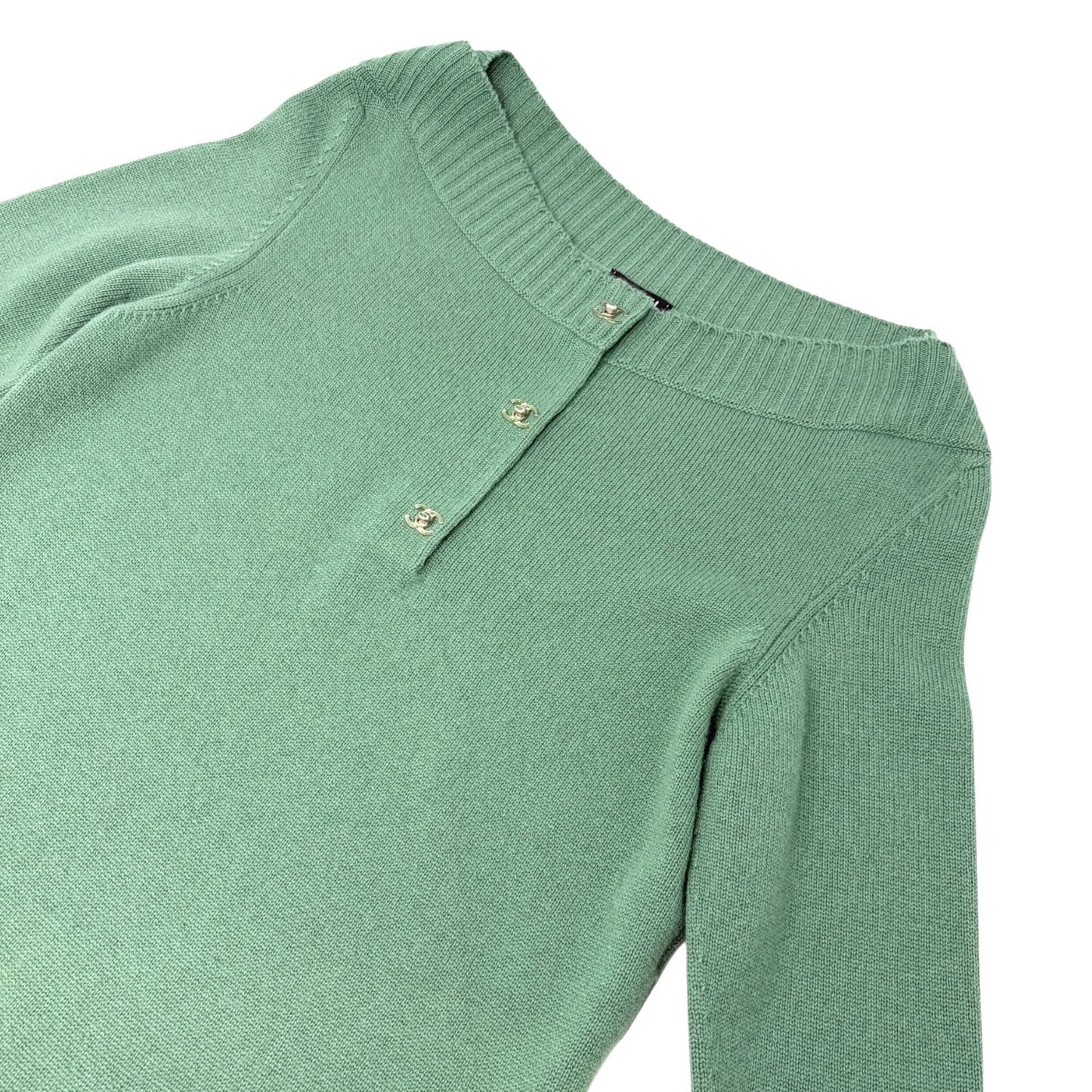 CHANEL Vintage P44445 CC Logo Turnlock Cashmere Knit Sweater Dress #38 Green