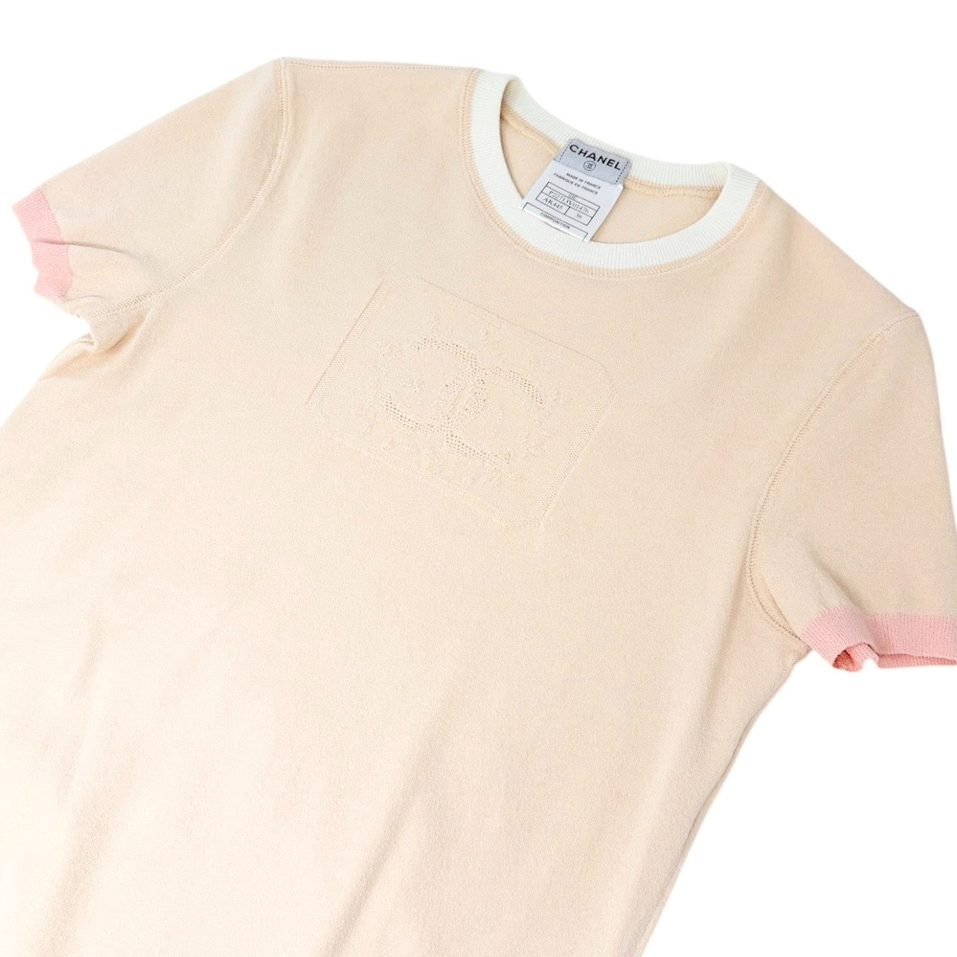 CHANEL Vintage 04C CC Mark Logo Bicolor T-shirt #38 Beige Pink White Rayon