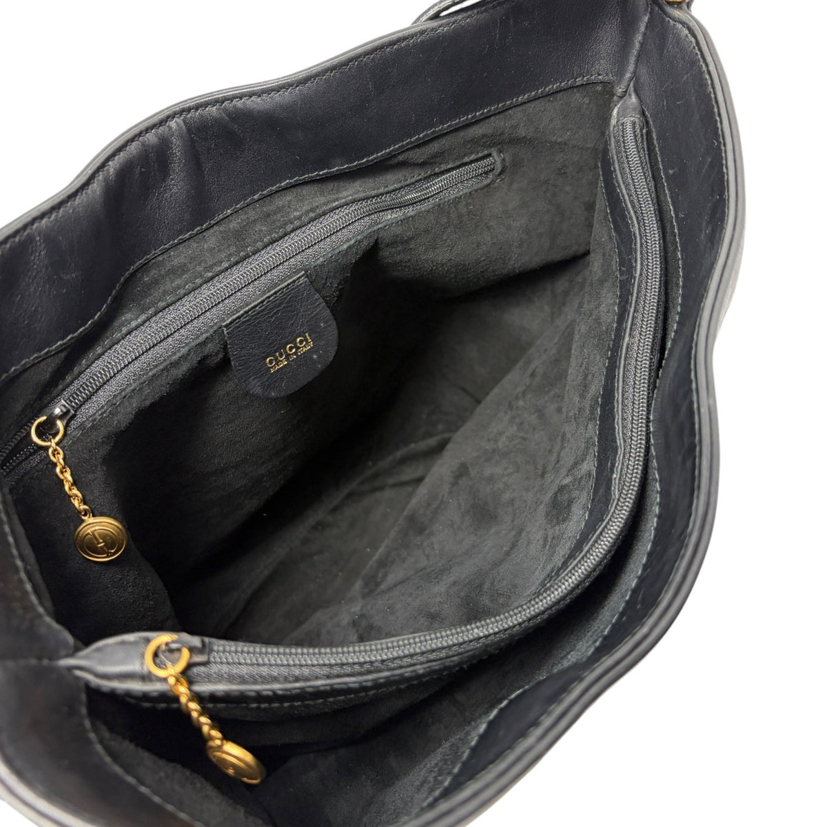 GUCCI Vintage Logo Horsebit Suede Bucket Shoulder Bag Black Gold 902395