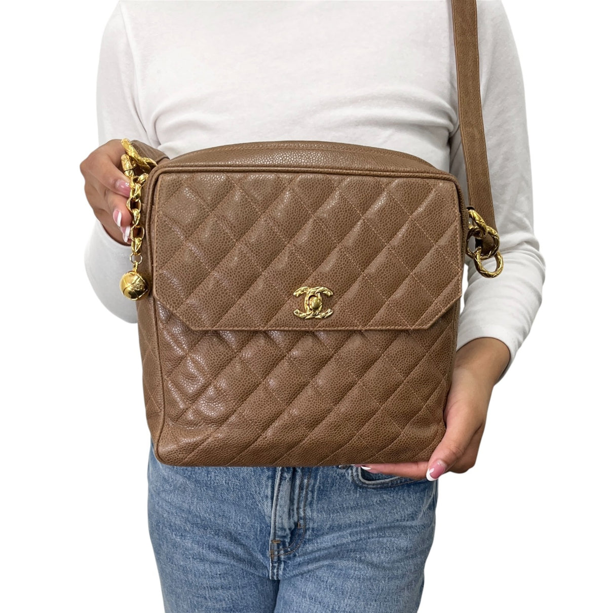 CHANEL Vintage CC Chain Turnlock Quilted Flap Shoulder Bag Brown Leather 902364