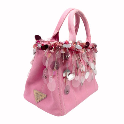 PRADA Vintage Triangle Logo Canapa Sequin Beads Hand bag Pink Canvas 902371