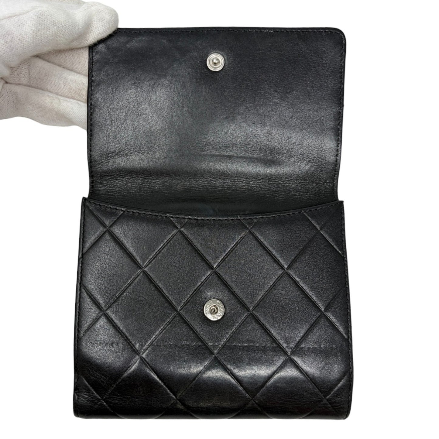 CHANEL Vintage Big Logo Quilted Wallet Leather Black Silver Purse 901816