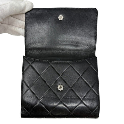 CHANEL Vintage Big Logo Quilted Wallet Leather Black Silver Purse 901816