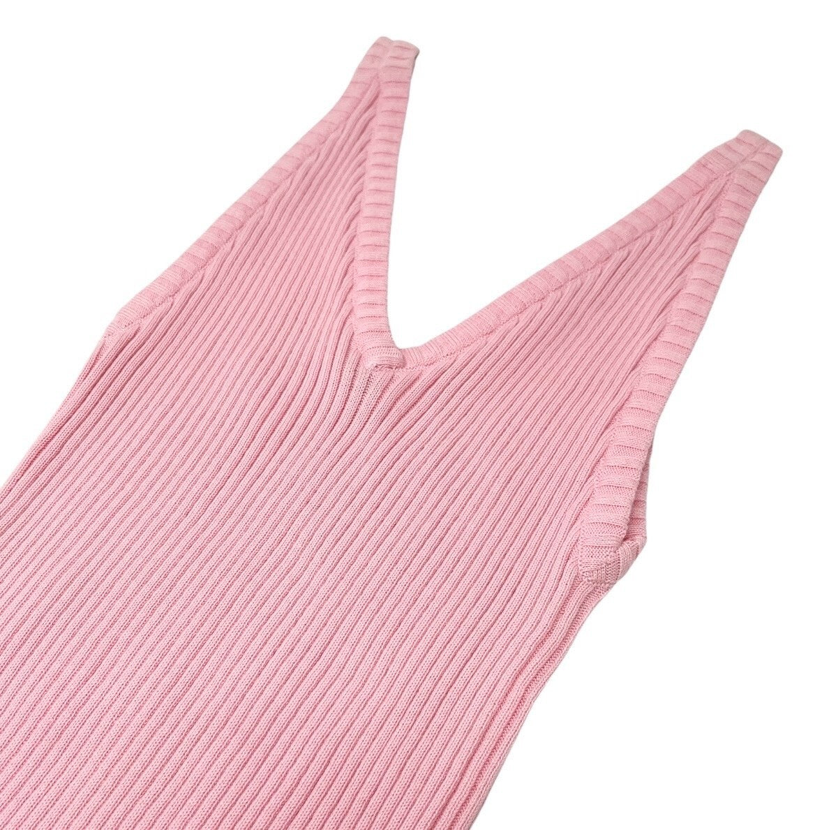 CHANEL Vintage 01C CC Logo Rib Knit Tank Top #38 Pink Gold Ring Cotton Rank AB