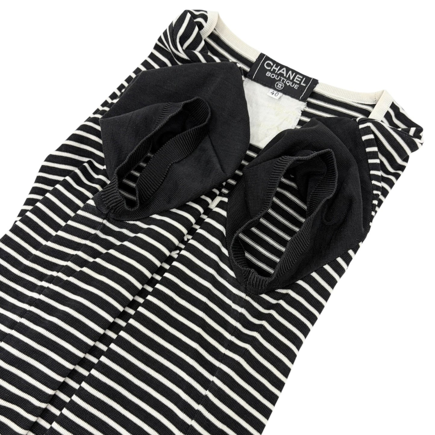CHANEL Vintage CC Mark Logo Stripe T-shirt Top #40 Black White Cotton 106910