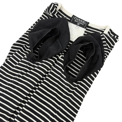 CHANEL Vintage CC Mark Logo Stripe T-shirt Top #40 Black White Cotton 106910