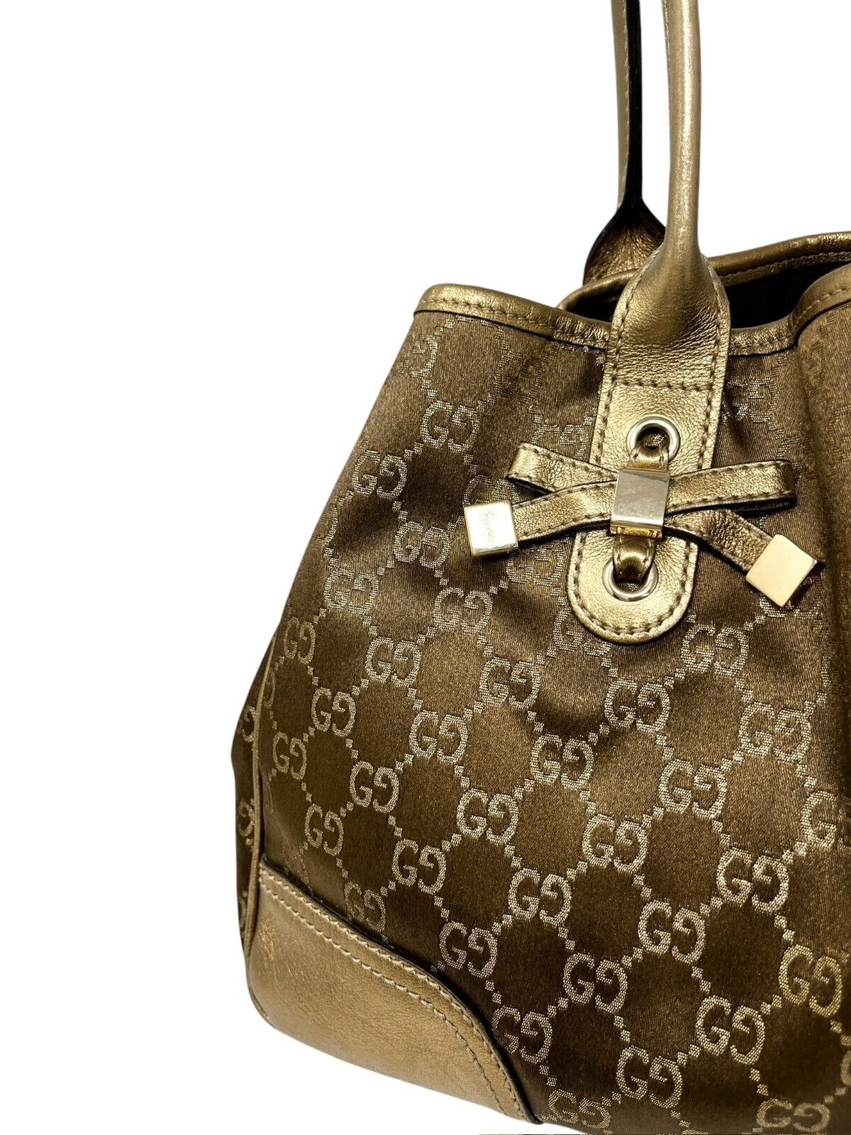 GUCCI Vintage GG Monogram Logo Princy Shoulder Bag Brown Gold Satin Leather