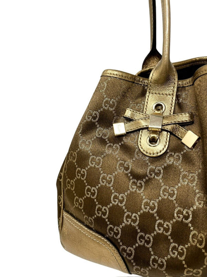GUCCI Vintage GG Monogram Logo Princy Shoulder Bag Brown Gold Satin Leather