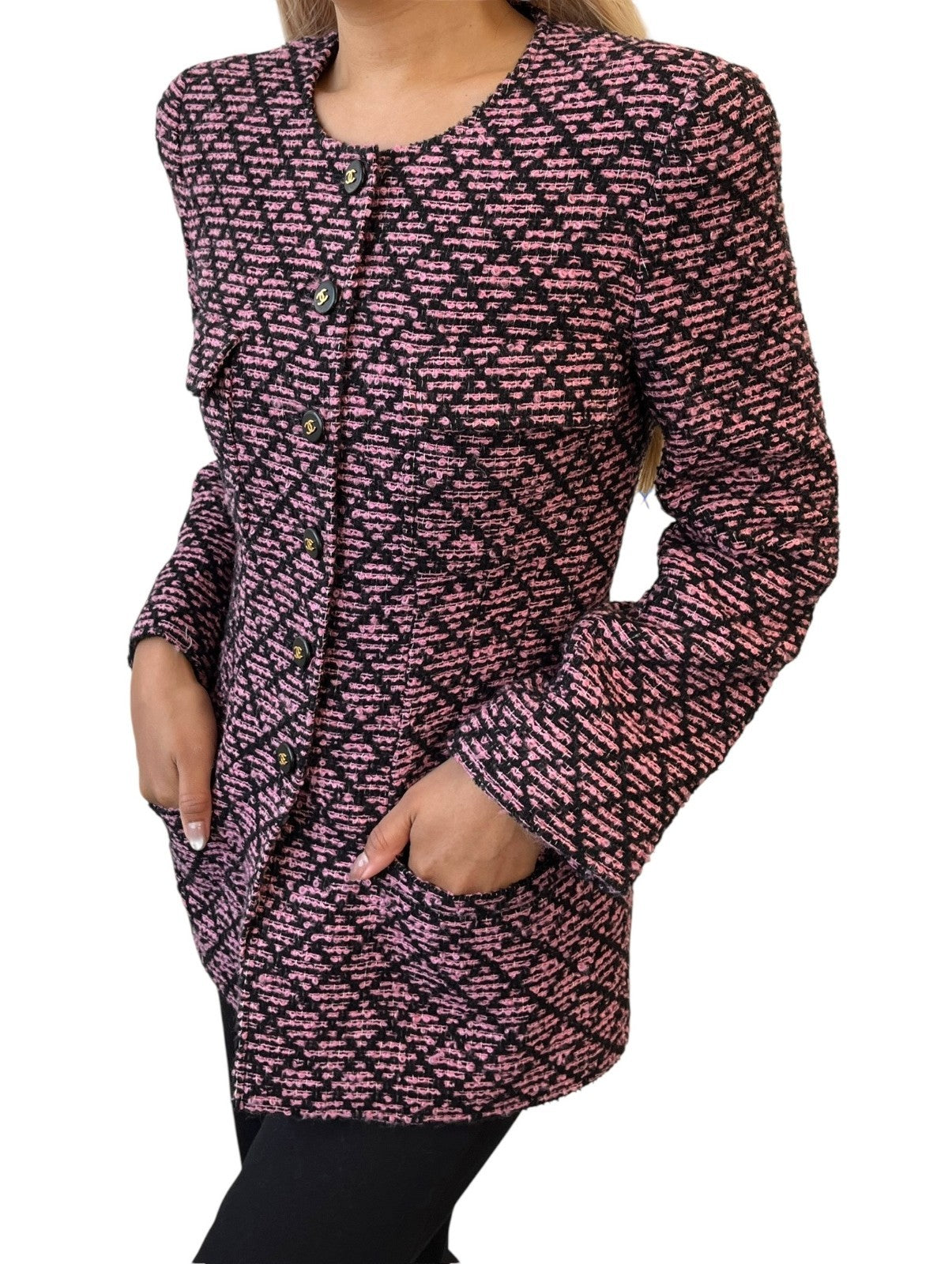 CHANEL Vintage 95A CC Logo Tweed Jacket #38 Pink Black Button Cotton Pocket