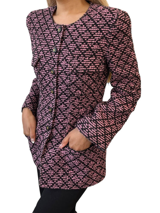 CHANEL Vintage 95A CC Logo Tweed Jacket #38 Pink Black Button Cotton Pocket