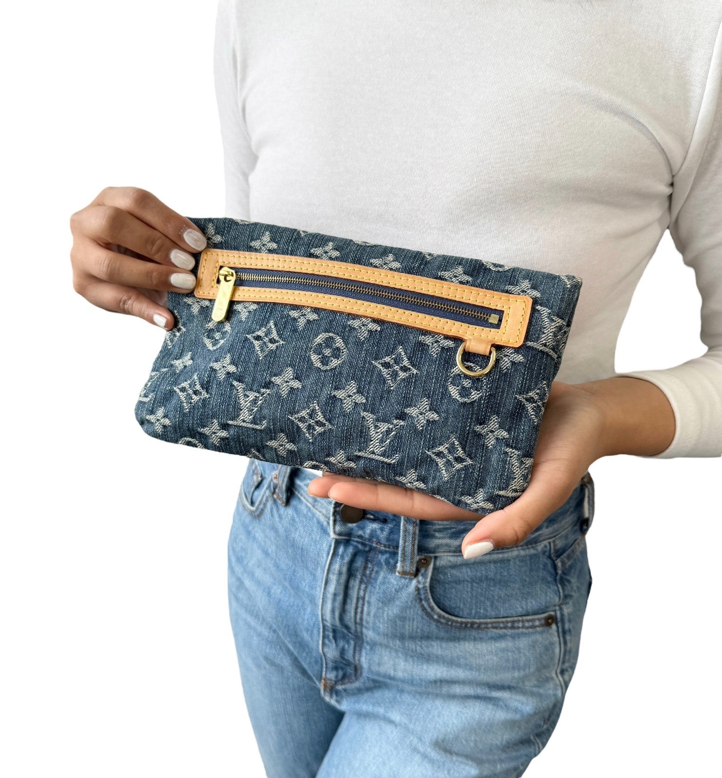 LOUIS VUITTON Vintage Monogram Denim Pochette Plat Clutch Bag Blue Gold