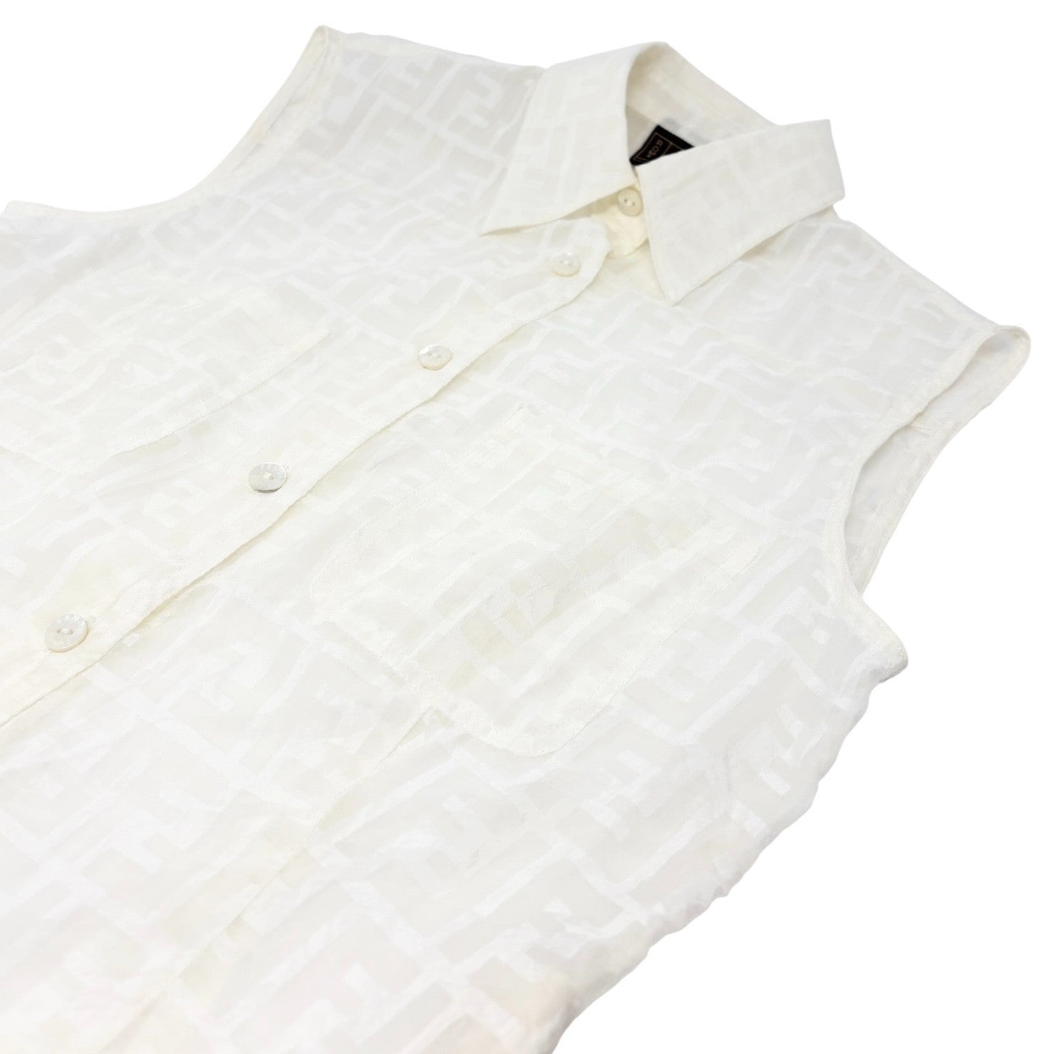 FENDI Vintage Zucca Monogram Logo See-thruogh Shirt #40 Cream Rayon Sleeveless