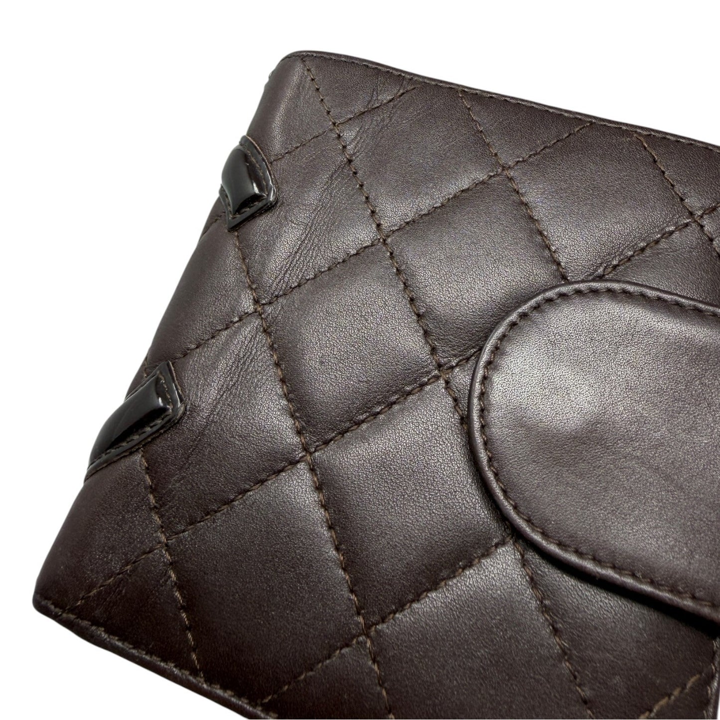 CHANEL Vintage Cambon Line CC Logo Quilted Wallet Brown Silver Leather 901981
