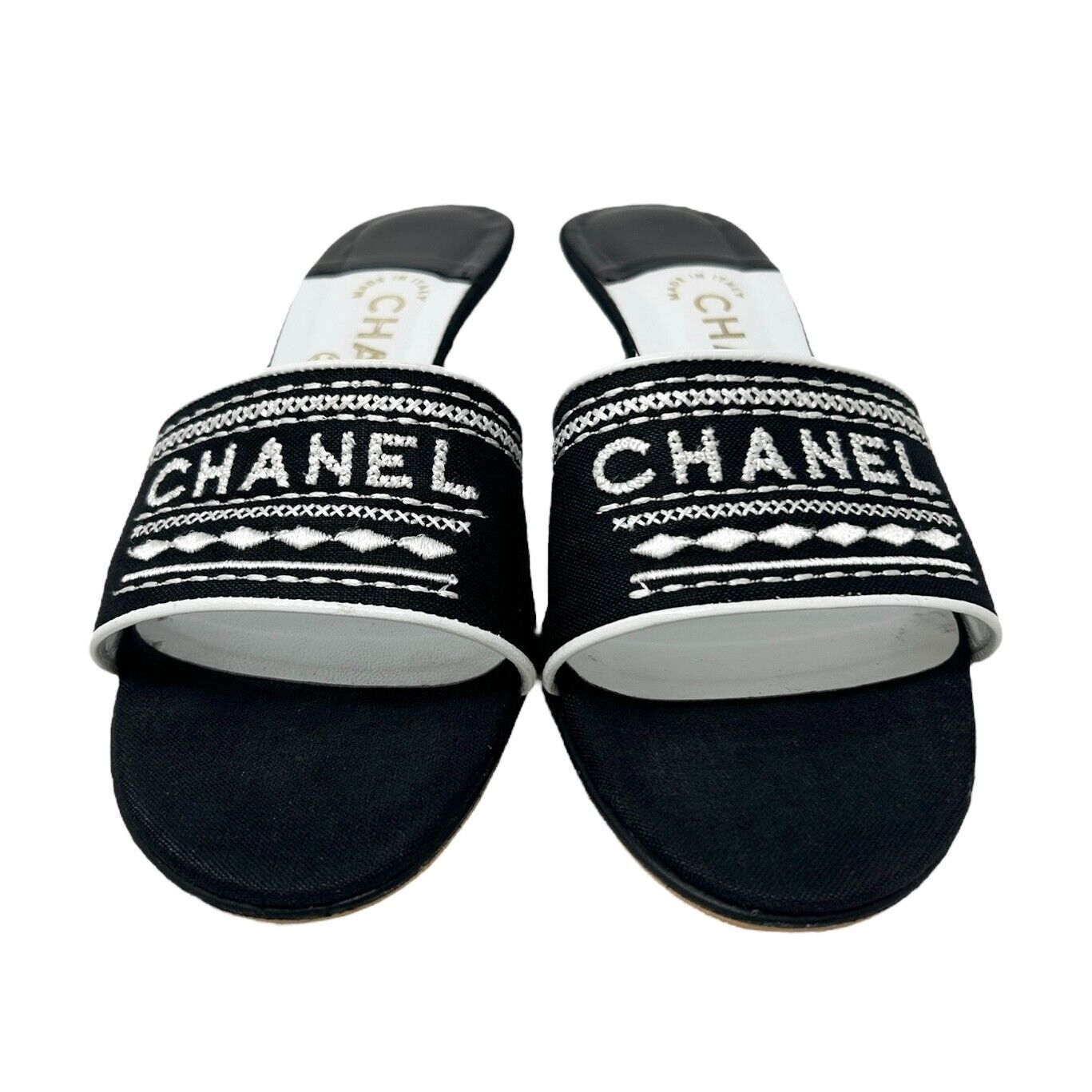 CHANEL Vintage Jacquard Logo Sandals #36 US6 Black Linen Embroidery Rank AB