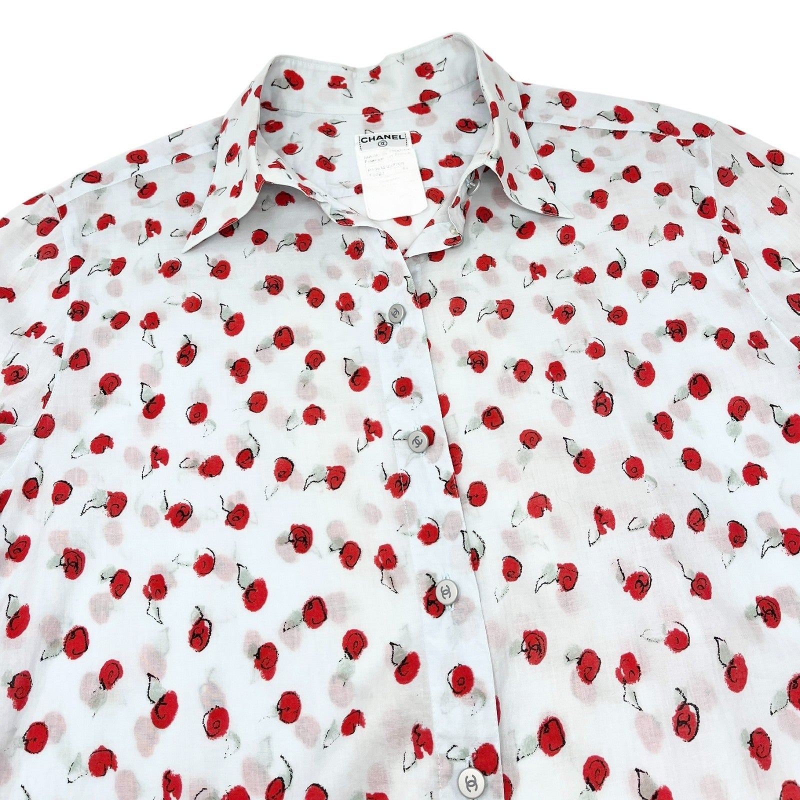 CHANEL Vintage 99S CC Logo Flower Print Shirt Top #44 Button Light Blue Red