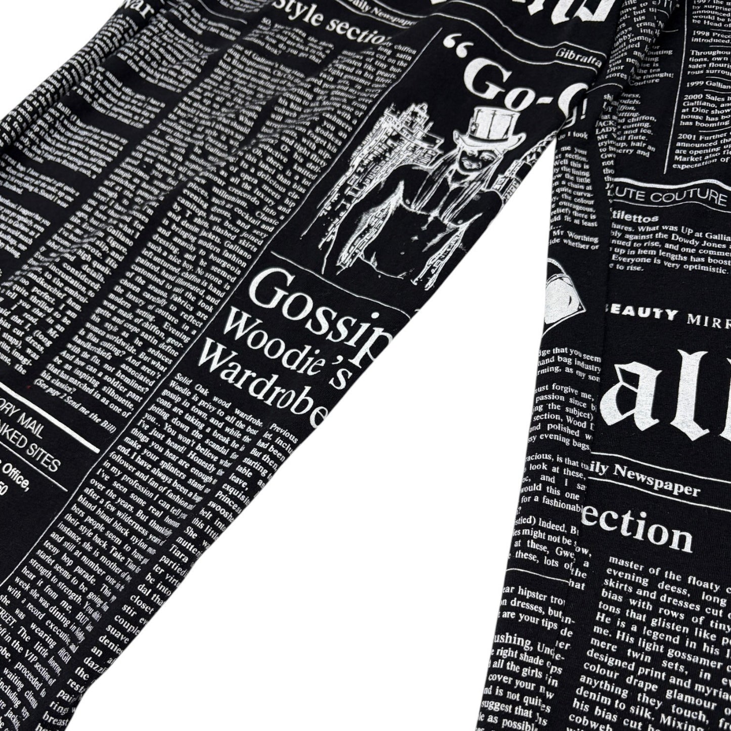 John Galliano Vintage Newspaper Print Hoodie Top Pants Set #XS Black 902549