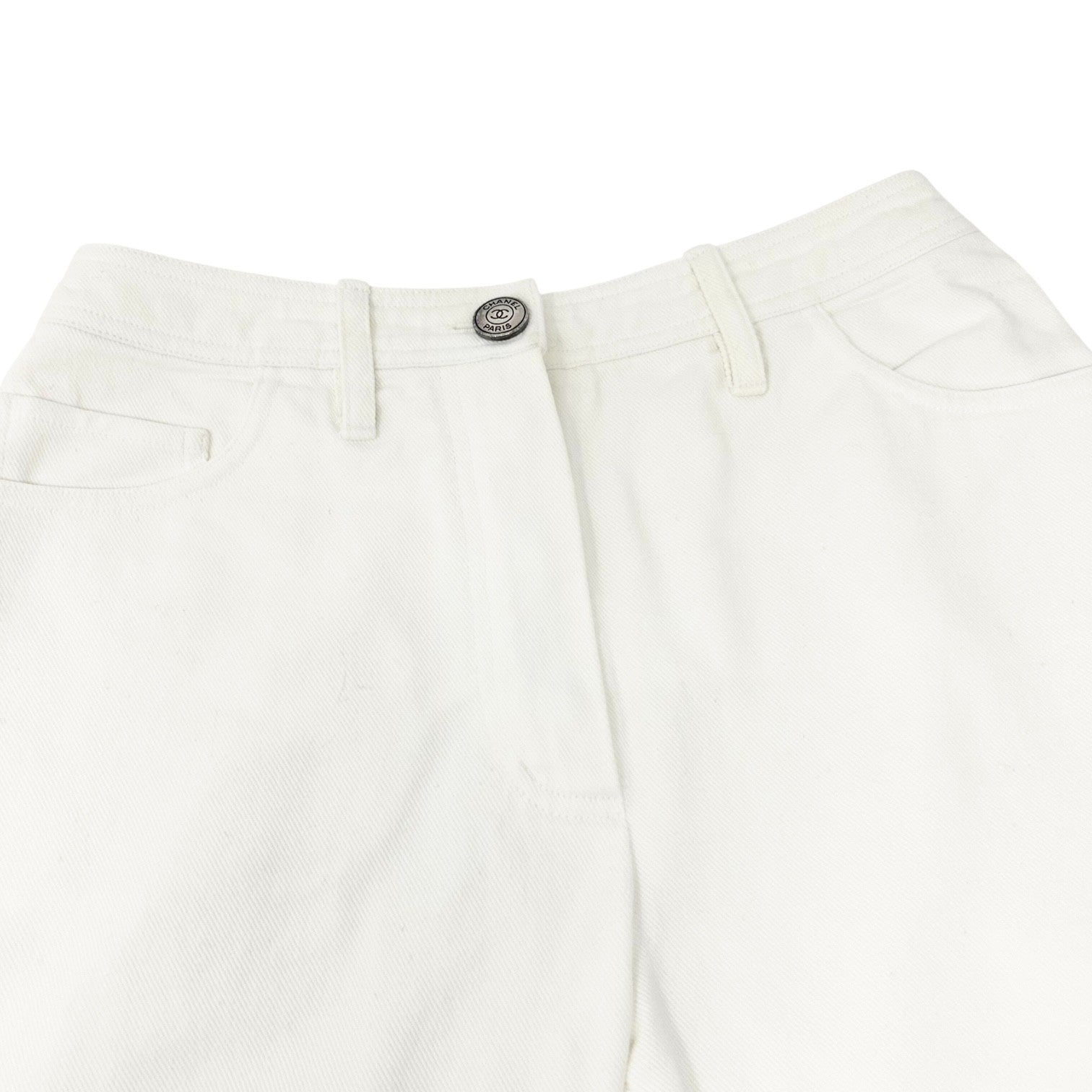 CHANEL Vintage 97C CC Logo Denim Pants #38 White Silver Cotton Stitch Pocket