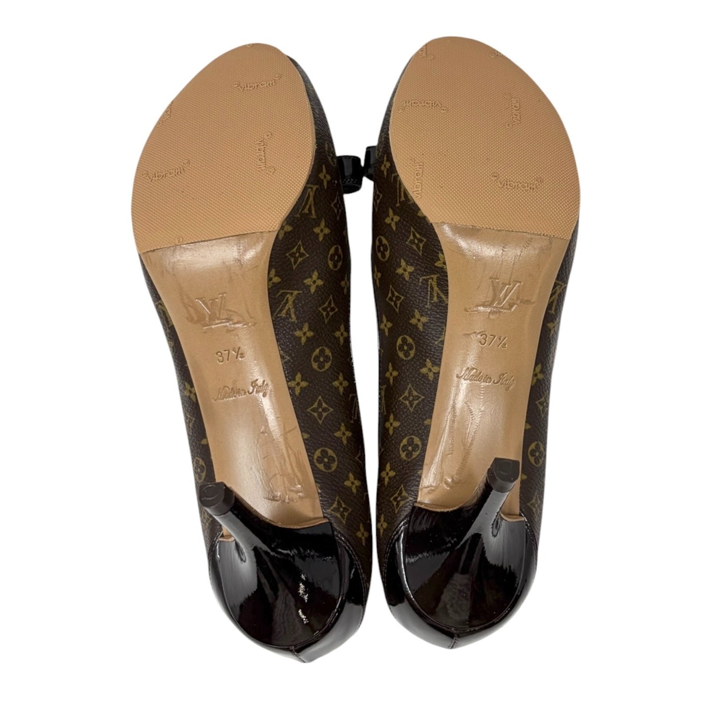 LOUIS VUITTON Vintage Monogram Ribbon Sandals Heels #37.5 Brown Leather 902013