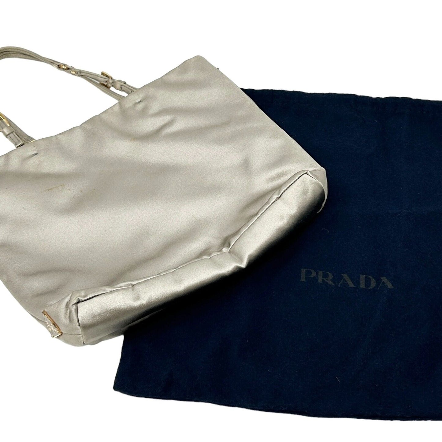 PRADA Vintage Logo Mini Bag Pouch Pochette Silver Gold Satin Rank AB
