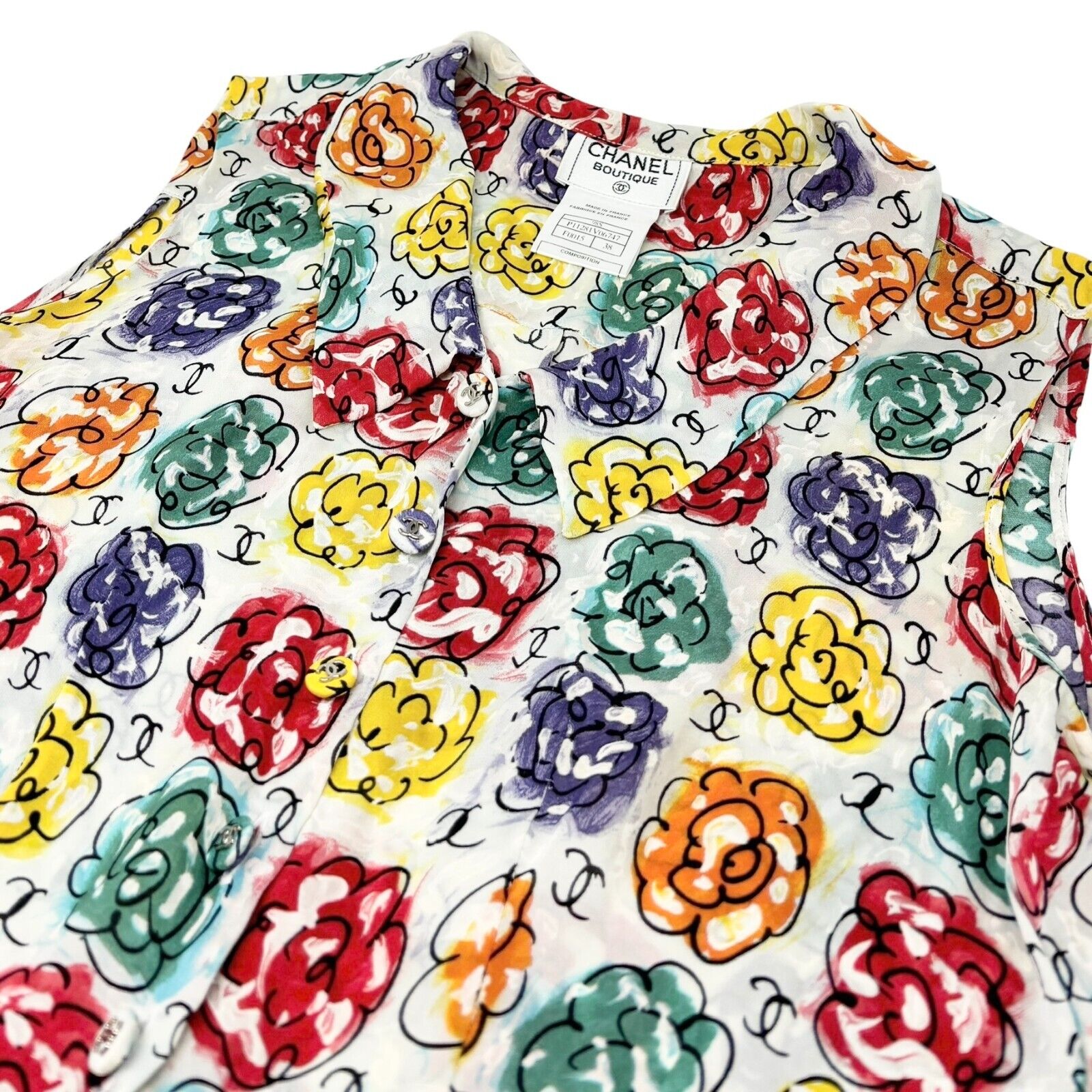 CHANEL Vintage 98S CC Mark Camellia Sleeveless Top #38 Multicolor Silk Rank AB