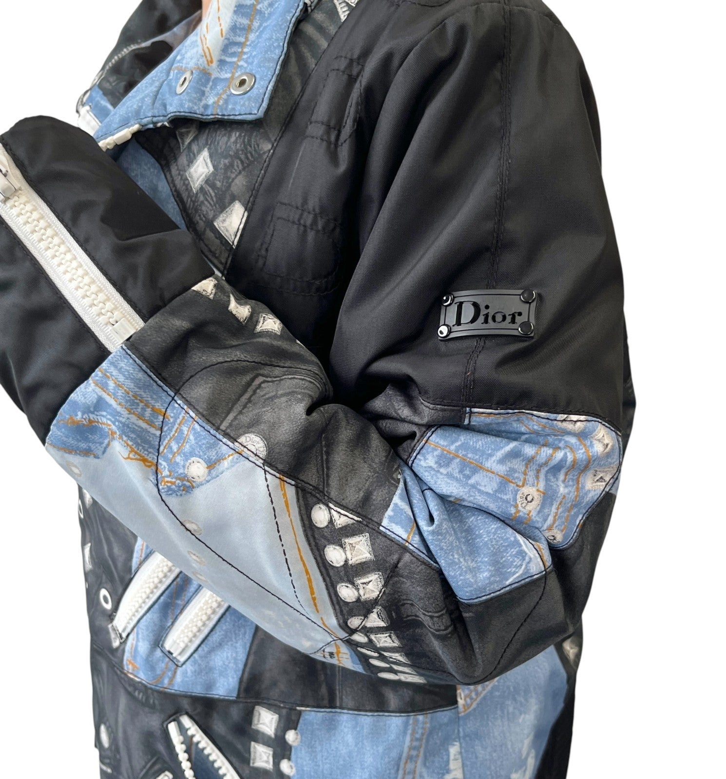 Christian Dior Vintage 2004 Logo Puffer Jacket Zip #44 Black Blue White Pocket