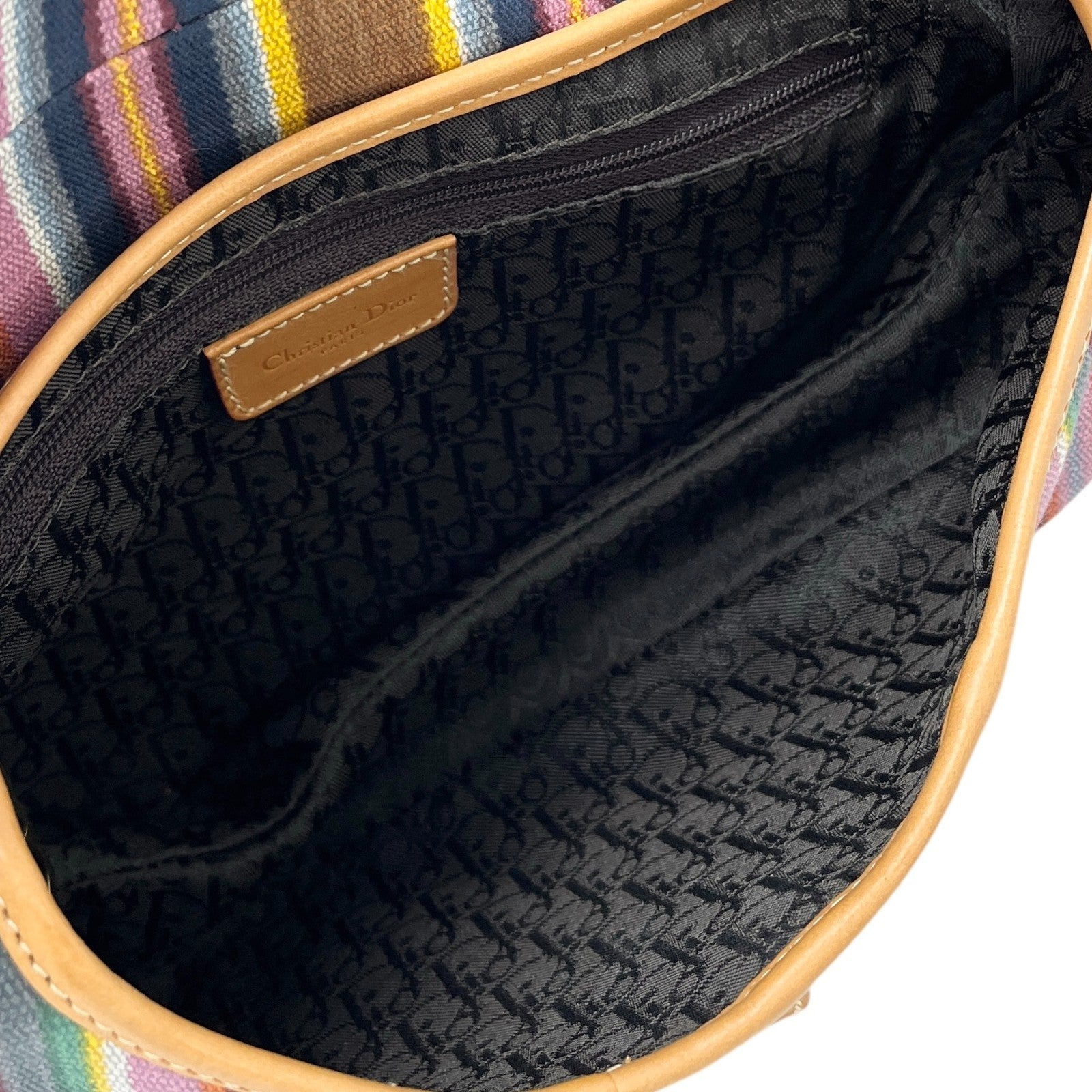 Christian Dior Vintage 2002 Logo Stripe Saddle Shoulder Bag Multicolor Camel