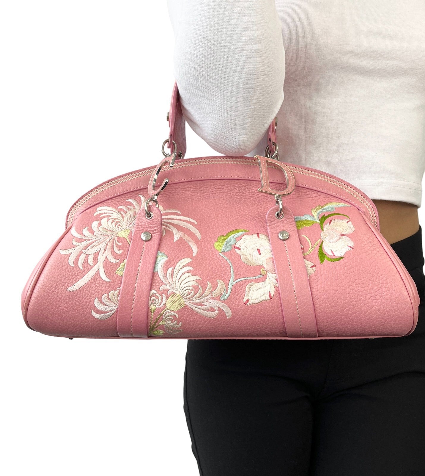 Christian Dior Vintage 2005 Logo Embroidered Mini Boston Bag Pink Silver Leather